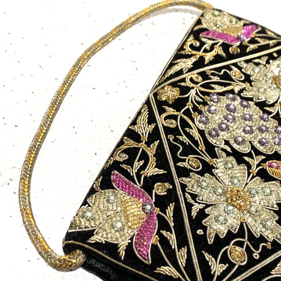 Vintage mid century black velvet evening bag top handle gold silver pink yellow - Picture 4 of 10